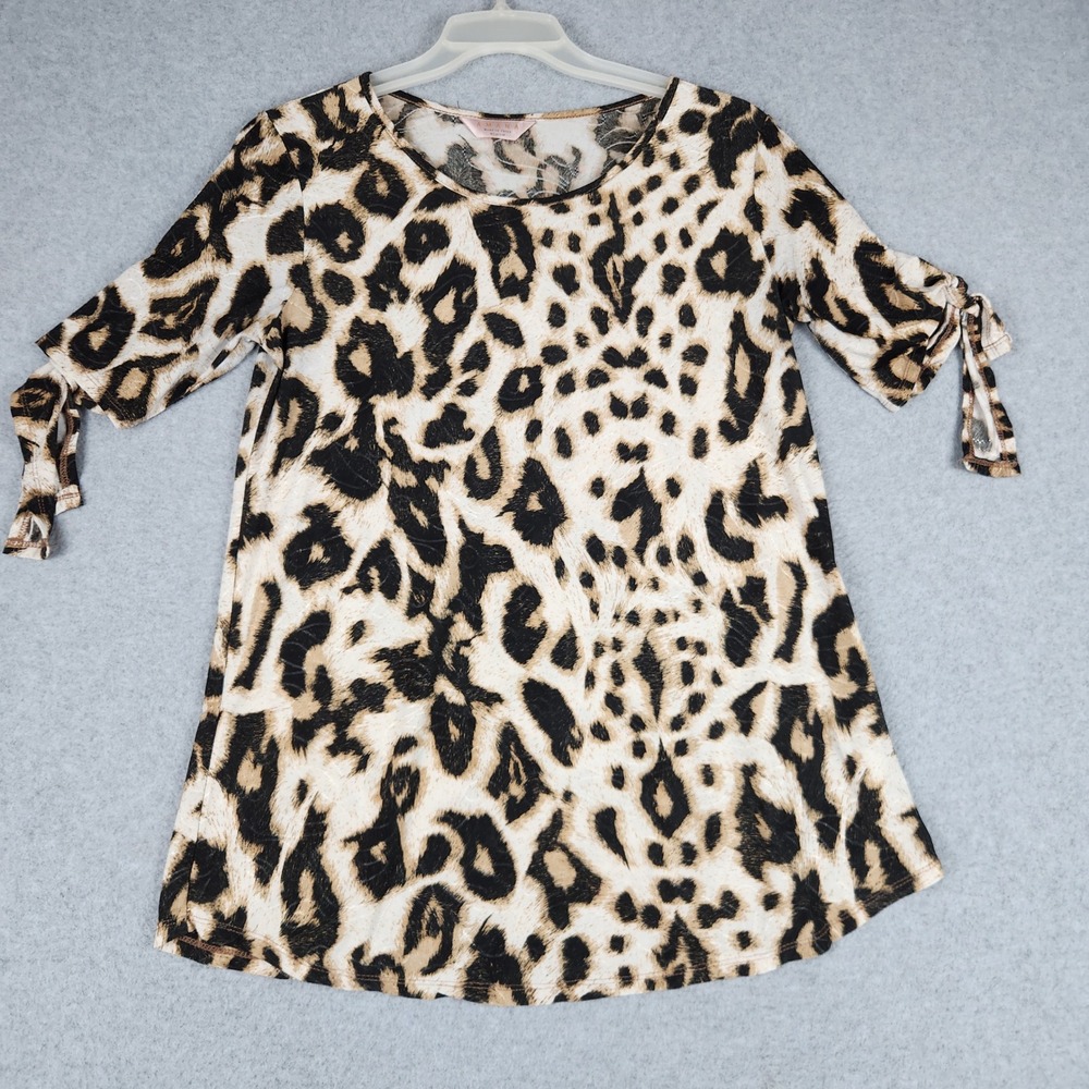 AMANA Blouse Top Womens Medium Brown Leopard Print Stretch Tie Sleeve Round Neck